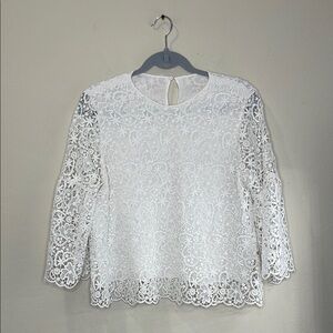 Zara White Lace Boxy Blouse with Mandarin Collar 3/4 Sleeves